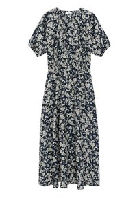 Robe midi bleu marine avec motif floral blanc, manches courtes bouffantes, taille froncée et encolure ronde.