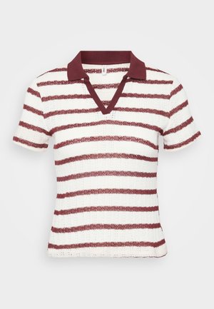 Striped short-sleeve polo in white and maroon. Features a V-neck and ribbed collar. Textured fabric with horizontal stripes.