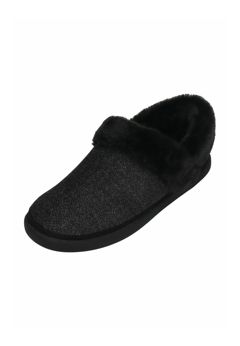 Schwarze Hausschuhe aus strukturiertem Stoff mit einem weichen, mit Fell gefütterten Kragen. Sie haben eine konturierte Form und eine flache Gummisohle für zusätzlichen Komfort.