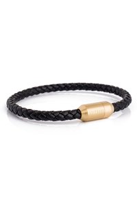 Black braided leather bracelet with a cylindrical gold-tone metal clasp. The clasp features engraved detailing for secure closure.