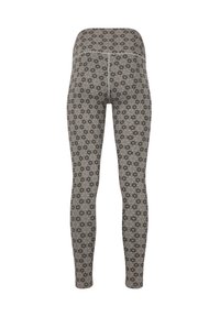 Grijze legging met een hoog tailleband. Bevat een bloemmotief in zwart en beige. Gemaakt van een rekbare, gladde stof.