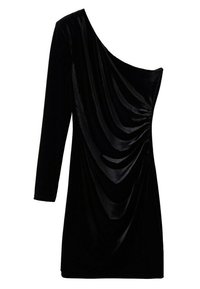 Robe noire en velours à une épaule avec une manche longue côté gauche et des fronces drapées sur le devant et le côté.