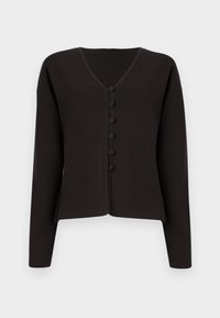 Zwarte V-hals cardigan met lange mouwen, voorzien van een knopenfrontsluiting en ronde knopen. Zacht breiwerk met een minimalistisch ontwerp.