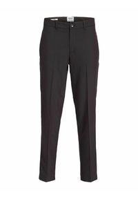 Černé elegantní kalhoty s rovný fashion střihem, vyrobené z hladké tkaniny. Mají zapínání na knoflík a kapsy, s vyžehlenými záhyby.