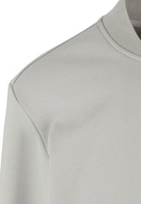 Ljust grå sweatshirt med en slät textur, rund halsringning och axelsömmar med subtil detaljering. Enkel, modern design.