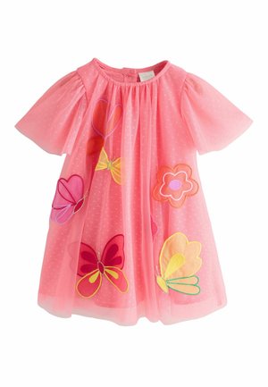 Pink short-sleeve toddler dress with sheer overlay featuring embroidered colorful butterflies and flowers.
