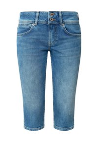 Ljust blå denimcapri med tvåknäppning, fem fickor och rak passform. Har subtila blekningar och rullade fållar.