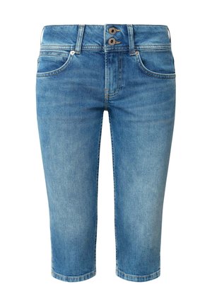 Svetlo modri traper capri hlače z zapenjanjem na dve gumbe, pet žepov in ravnim krojem. Imajo blag odtenek in zavite robove.