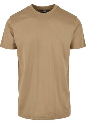 Tan bavlněné tričko s kulatým výstřihem a krátkými rukávy. Hladká textura a jednoduchý design bez viditelných vzorů nebo akcentů.