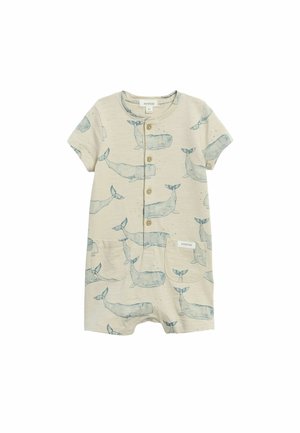 Kort beige babydragt med blå hvalprint, korte ærmer, knapper foran og to små forlommer.