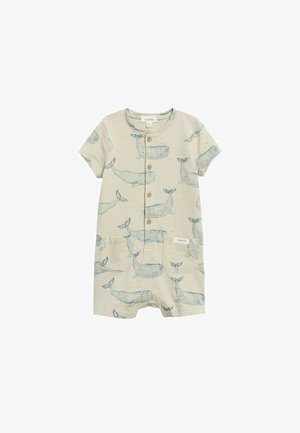 Kort beige babydragt med blå hvalprint, korte ærmer, knapper foran og to små forlommer.