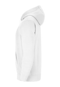 White hoodie featuring a front pocket, drawstring hood, and ribbed cuffs. Smooth texture with long sleeves and a relaxed fit.