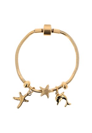 Złota bransoletka z odpinanymi zawieszkami w kształcie rozgwiazdy, gwiazdy i delfina na elastycznym łańcuszku typu wężyk.
