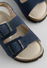 Tumedam sinine sametist sandaalid, millel on kaks reguleeritavat rihma, mustad pandlad ja beež tald. Omab tekstureeritud kummist põhja hea haarduvuse saavutamiseks.
