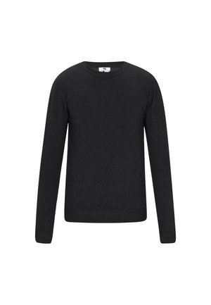 Fekete, hosszú ujjú pulóver, puha anyagból készült, kerek nyakkivágással és bordás aljjal. Egyszerű, minta és díszítés nélküli kialakítás.