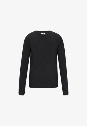 Fekete, hosszú ujjú pulóver, puha anyagból készült, kerek nyakkivágással és bordás aljjal. Egyszerű, minta és díszítés nélküli kialakítás.