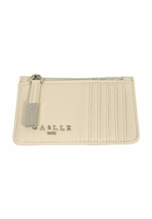 Portafoglio in pelle color crema con tasca con zip, più scomparti per carte e marchio in rilievo. Presenta accessori in tonalità argento e finitura testurizzata.