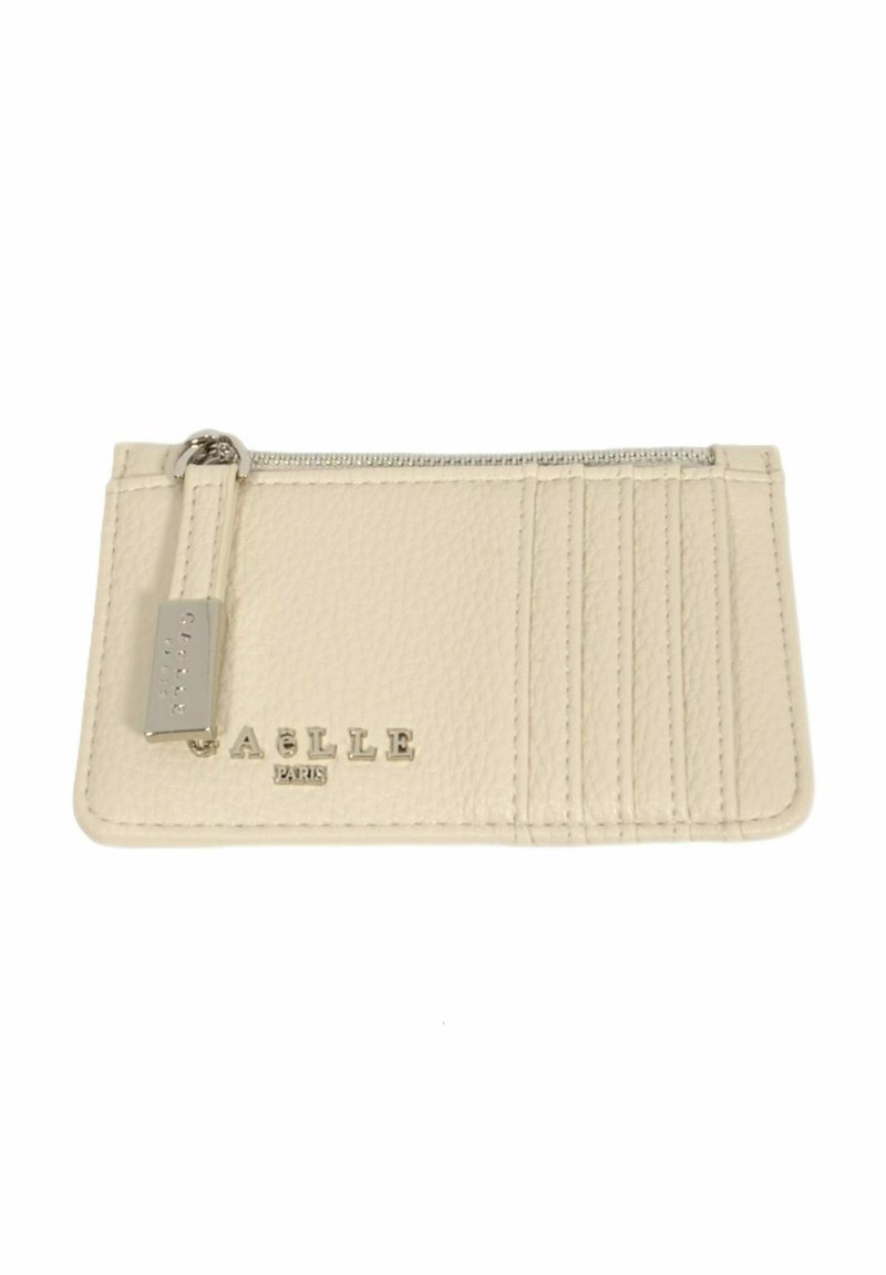 Portafoglio in pelle color crema con tasca con zip, più scomparti per carte e marchio in rilievo. Presenta accessori in tonalità argento e finitura testurizzata.