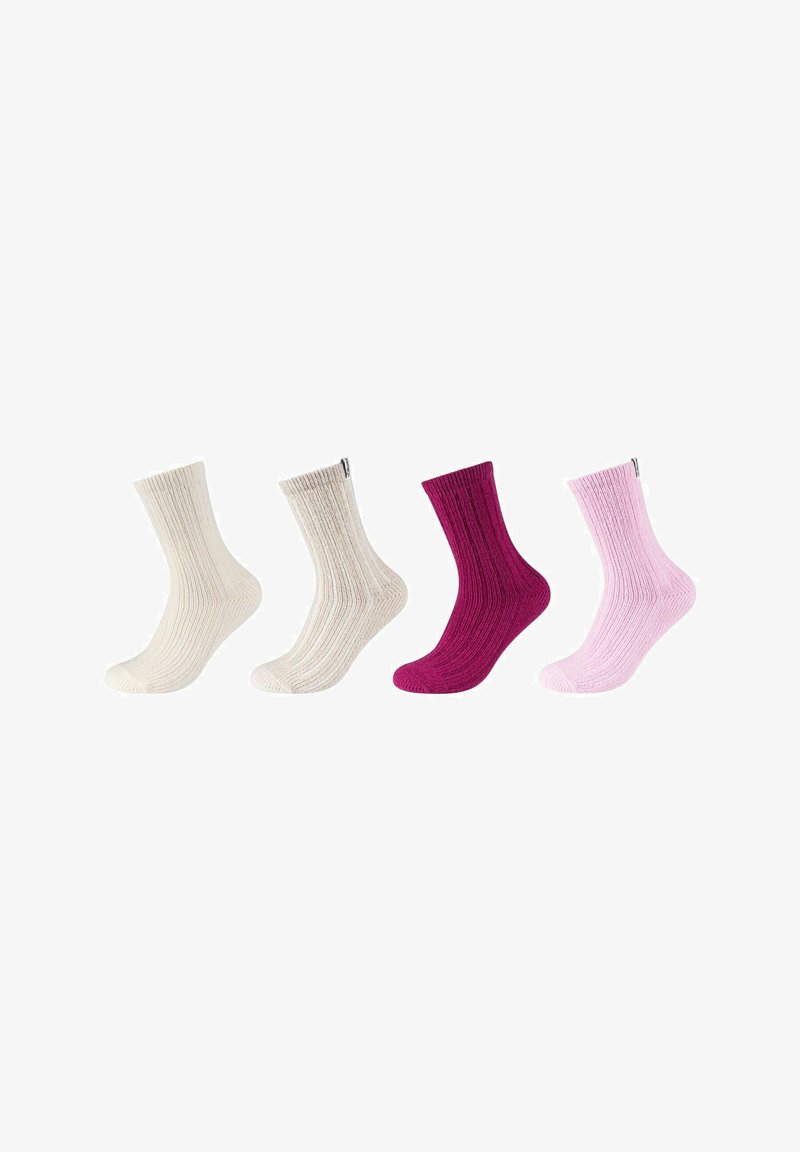 Vier Paare gerippte Socken: zwei in Off-White, eins in Burgunderrot und eins in hellrosa. Jede Socke hat ein mittellanges Design und eine strukturierte Oberfläche.