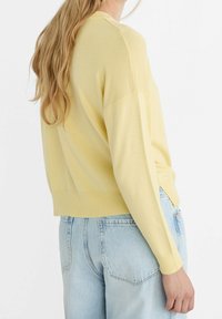 Pull en maille jaune à manches longues, col rond et ourlet côtelé, associé à un jean en denim bleu clair. Texture douce, coupe décontractée.