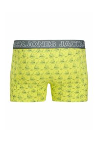 Yellow cotton boxer shorts with a repeating skull pattern. Gray elastic waistband with "JACK & JONES" logo in bold, contrasting letters.