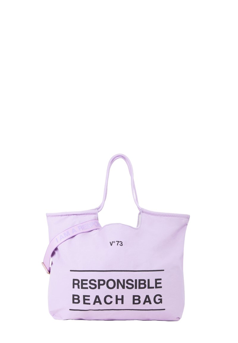 Borsa a spalla in tela lavanda con due manici, con la scritta "BORSA DA SPIAGGIA RESPONSABILE" e "IO SONO RESPONSABILE" sul manico in nero.