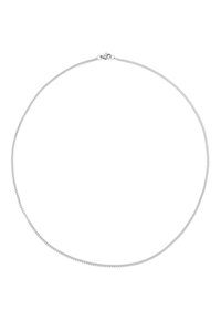 Silverkedja med ett runt länkdesign, slät yta och en låsning. Längden visar en graciös, böjd form.