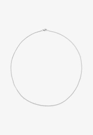 Silver chain necklace with a round link design, smooth texture, and a clasp closure. Length showcases a graceful, curved shape.