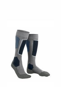 Calze al ginocchio grigie e blu con diverse trame di tessuto, caratterizzate da motivi geometrici e punta rinforzata.