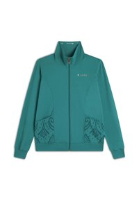 Giacca zippata teal con alto colletto, logo dorato e tasche decorate; realizzata in materiale leggero con una texture liscia.
