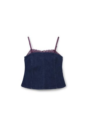 Top in denim blu scuro con spalline regolabili, caratterizzato da un bordo in pizzo testurizzato color bordeaux. Design aderente con orlo svasato.