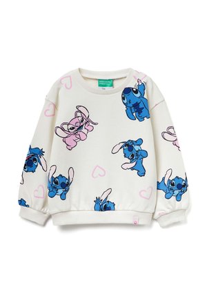 Weißes Sweatshirt mit blauen und rosa Cartoonfiguren und Herzmustern. Gerippte Bündchen und Saum, weicher Stoff, lässiges Design.