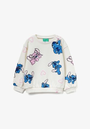 Felpa bianca con personaggi cartoon blu e rosa decorati con motivi a cuore. Polsini e orlo a coste, tessuto morbido, design casual.
