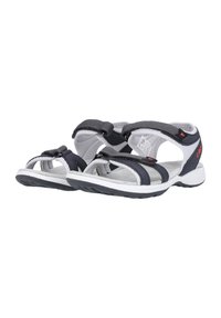 Men's sports sandals with a navy and gray design, featuring textured straps, Velcro closures, and a white cushioned sole.