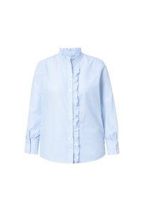 Modro-bílé pruhované tričko s volánkovým předním dílem, vysokým límcem a dlouhými rukávy. Vyrobeno z lehké tkaniny s knoflíkovým zapínáním.