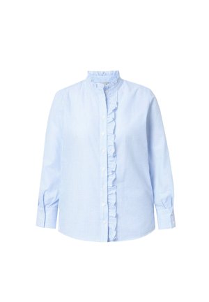 Camisa a rayas en azul y blanco con un frente acampanado, cuello alto y mangas largas. Está hecha de un tejido ligero con cierres de botón.