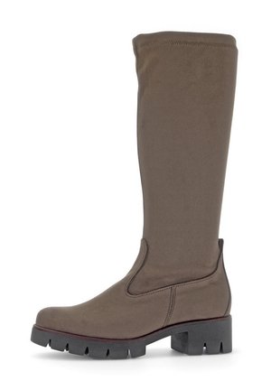 Knee-high brown suede boots featuring a flat, chunky black sole and a smooth, fitted shaft with no visible hardware or patterns.
