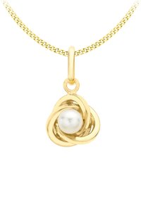 Gouden hanger ketting met een gedraaide knoopontwerp met een witte parel in het midden. De schakel heeft een gladde, ronde textuur.