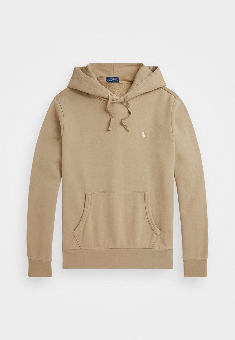 Beige pullover hoodie med frontlomme, justerbar snorhætte og lille hvid broderet logo på venstre bryst.