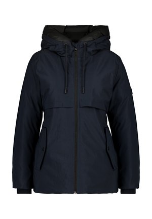 Navyblauwe jas met een afneembare capuchon, een rits aan de voorkant, twee zijzakken en elastische manchetten voor een snug fit. Gladde stof met een matte afwerking.