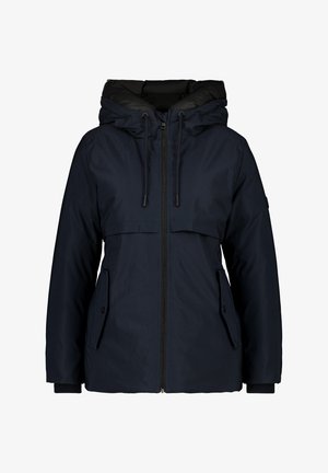 Giacca blu navy con cappuccio staccabile, zip frontale, due tasche laterali e polsini elastici per una vestibilità aderente. Tessuto liscio con finitura opaca.