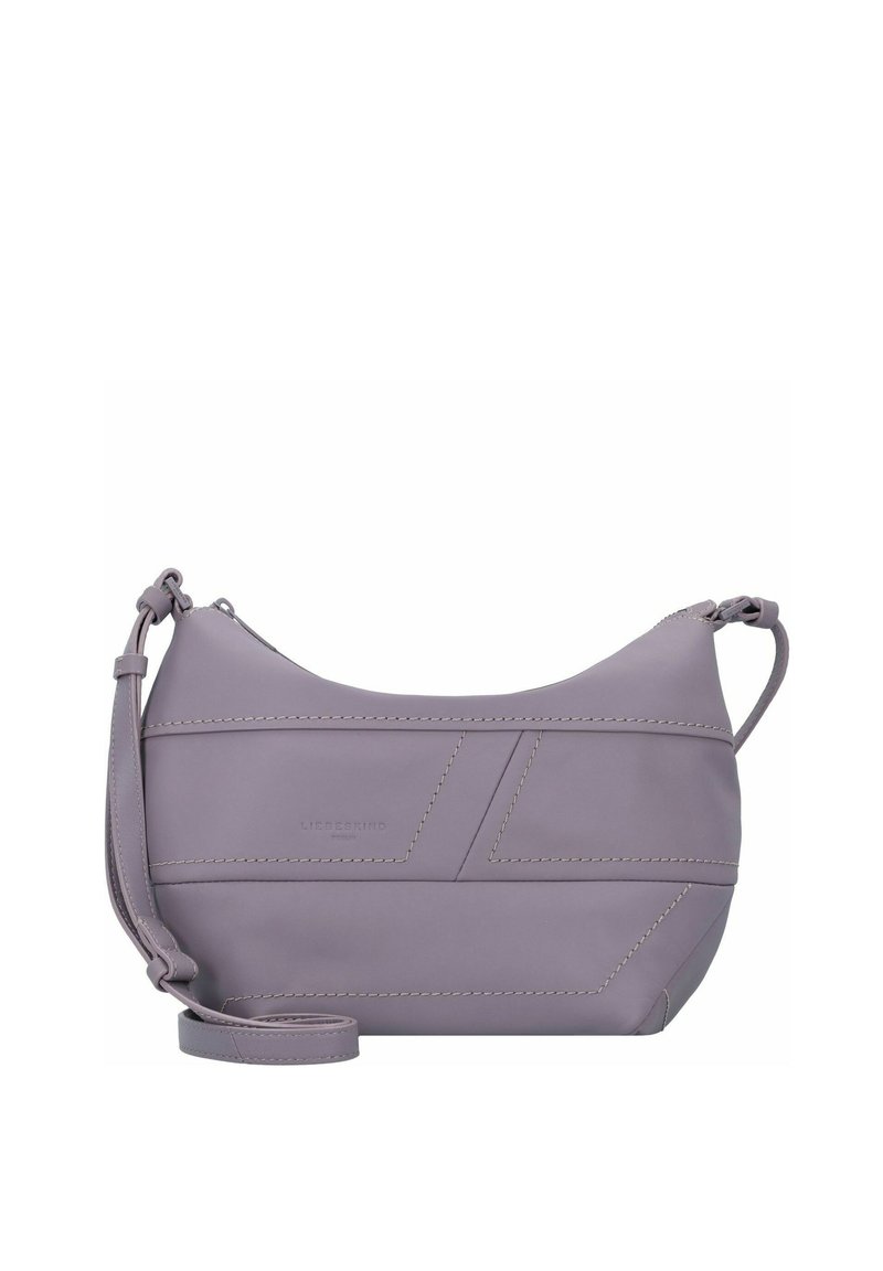 Borsa a spalla in pelle lavanda strutturata con cuciture diagonali, tracolla regolabile e logo in rilievo. Texture liscia e design moderno.