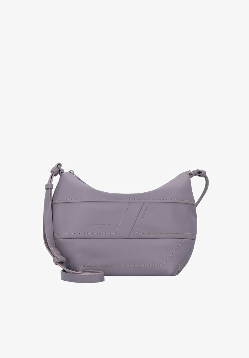Borsa a spalla in pelle lavanda strutturata con cuciture diagonali, tracolla regolabile e logo in rilievo. Texture liscia e design moderno.