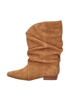 Mid-height brown suede slouchy boot with pointed toe and low stacked wooden heel, shown in side profile on white background.