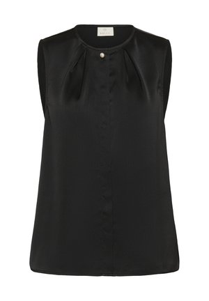 Blouse noire sans manches en tissu lisse avec un col rond, détails de plis à l'avant et fermeture décorative par un bouton perlé.