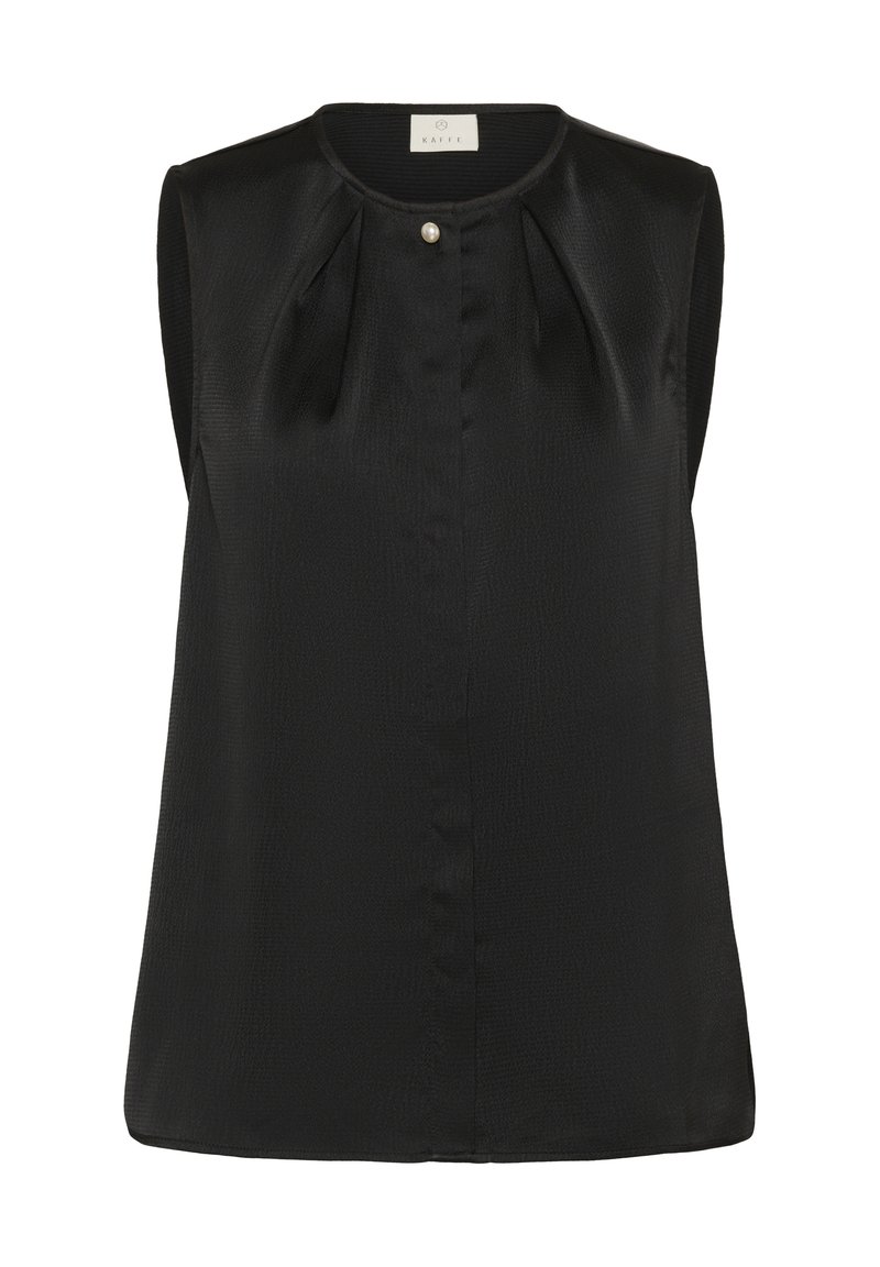 Blouse noire sans manches en tissu lisse avec un col rond, détails de plis à l'avant et fermeture décorative par un bouton perlé.