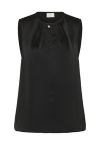 Bezrękawnik w kolorze czarnym, wykonany z gładkiej tkaniny, z okrągłym dekoltem, detalami plisu z przodu oraz ozdobnym zapięciem na perłowy guzik.