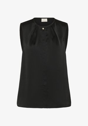 Juoda bevarka bliuskutė iš lygaus audinio, su apvalia iškirpte, priekyje su raukimosi detale ir dekoratyviuperlų sagčių užsegimu.