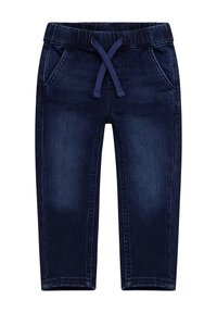 Pantaloni jogger in denim blu scuro con elastico in vita e coulisse. Presentano due tasche frontali e un design a gamba affusolata.