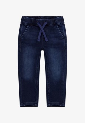 Pantaloni jogger in denim blu scuro con elastico in vita e coulisse. Presentano due tasche frontali e un design a gamba affusolata.